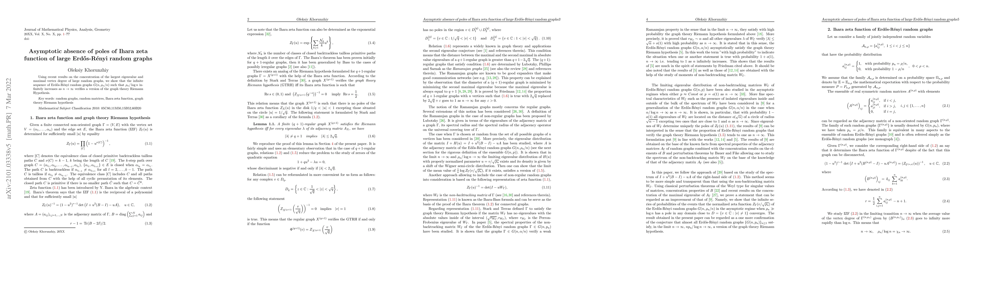 Thumbnail for Asymptotic absence of poles of Ihara zeta function of large Erdos-Renyi
  random graphs