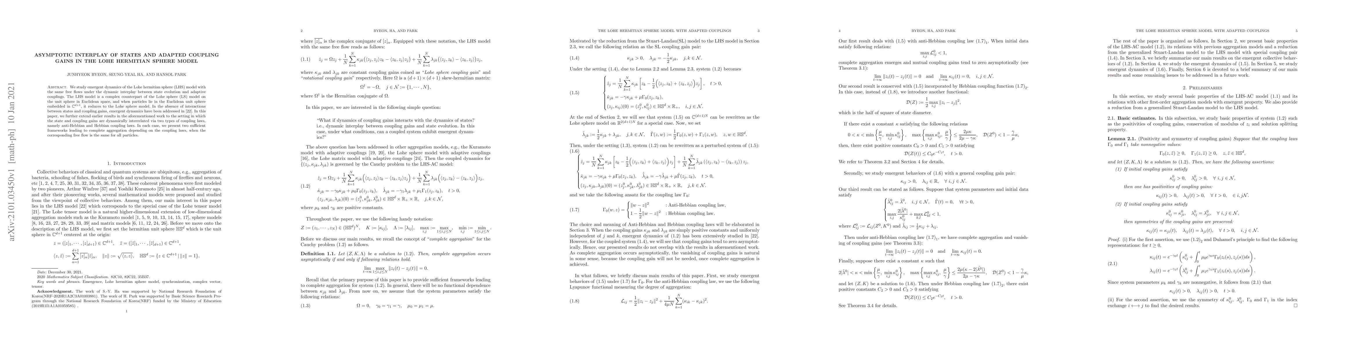 Thumbnail for Asymptotic interplay of states and adapted coupling gains in the Lohe
  hermitian sphere model