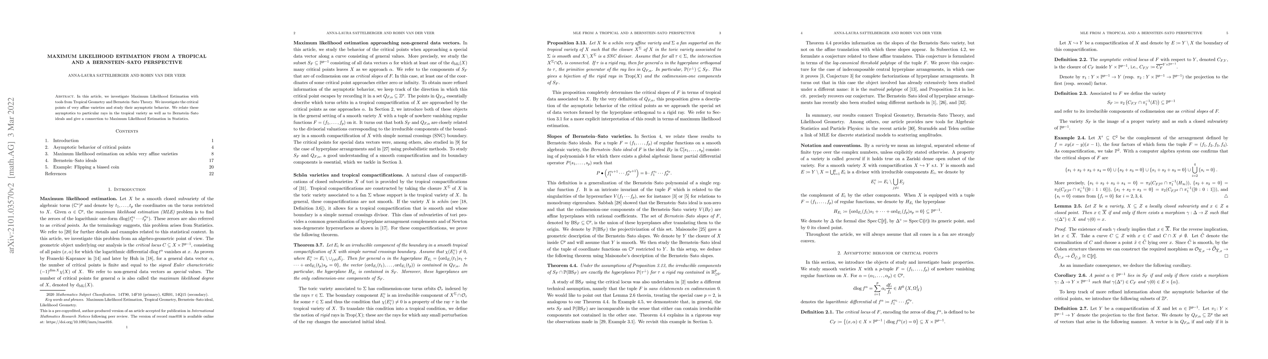Thumbnail for Maximum Likelihood Estimation from a Tropical and a Bernstein--Sato
  Perspective