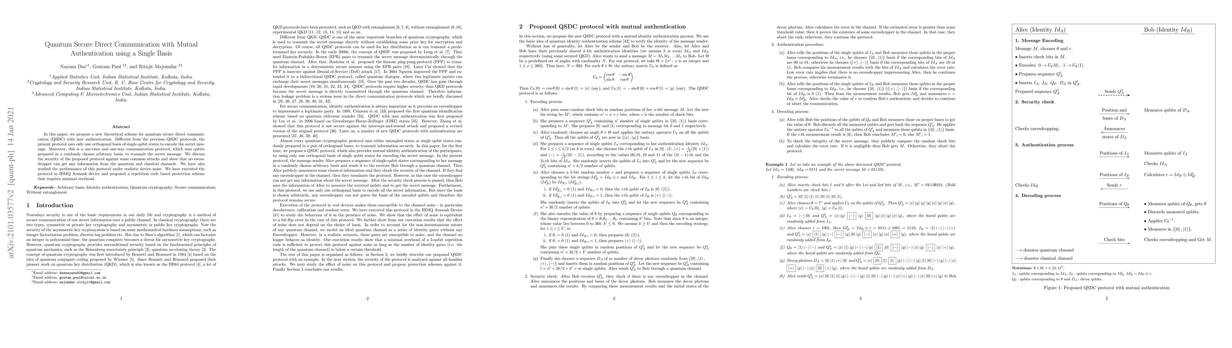 Thumbnail for Quantum Secure Direct Communication with Mutual Authentication using a
  Single Basis