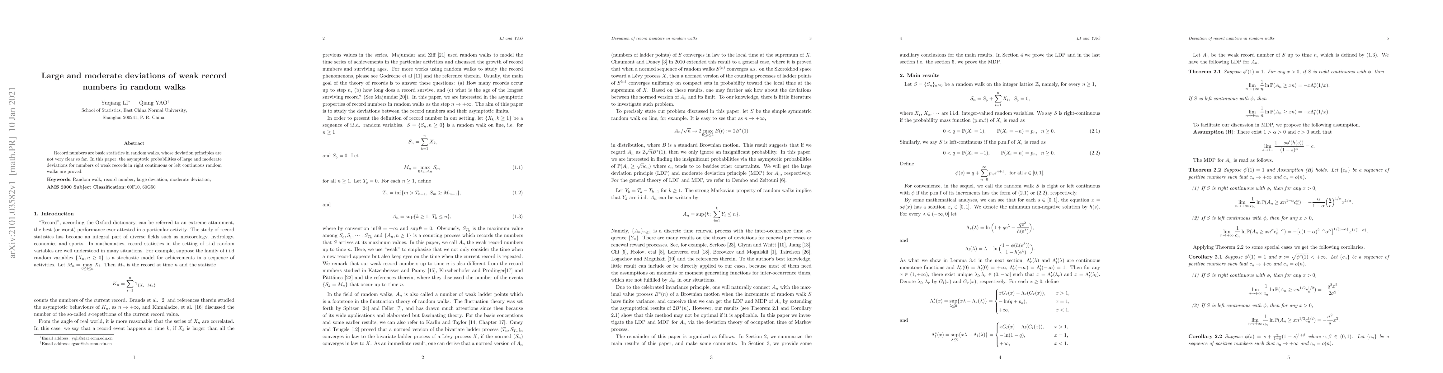 Thumbnail for Large and moderate deviations of weak record numbers in random walks