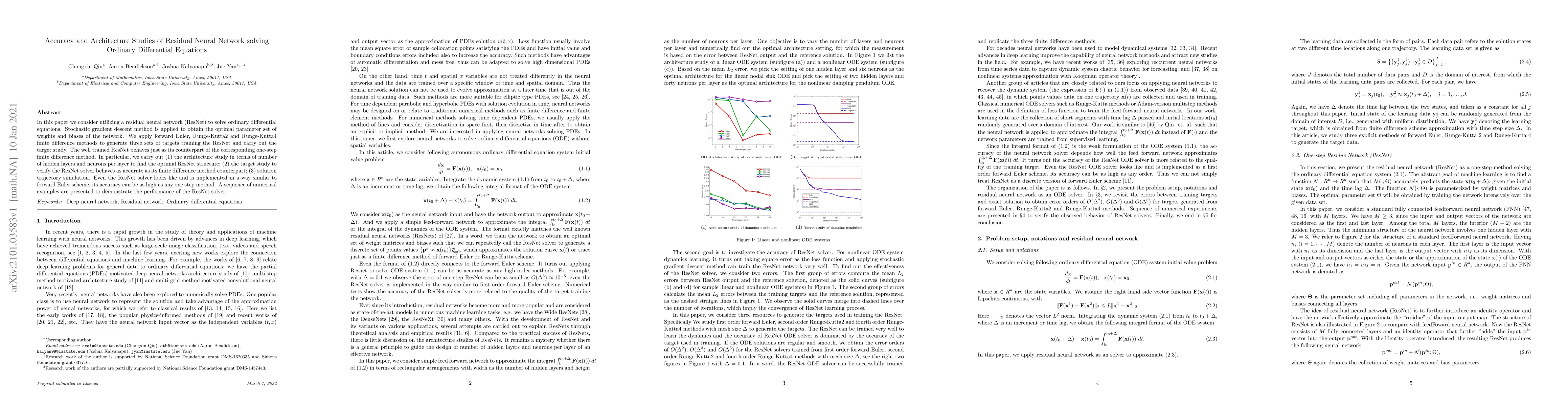 Thumbnail for Accuracy and Architecture Studies of Residual Neural Network solving
  Ordinary Differential Equations