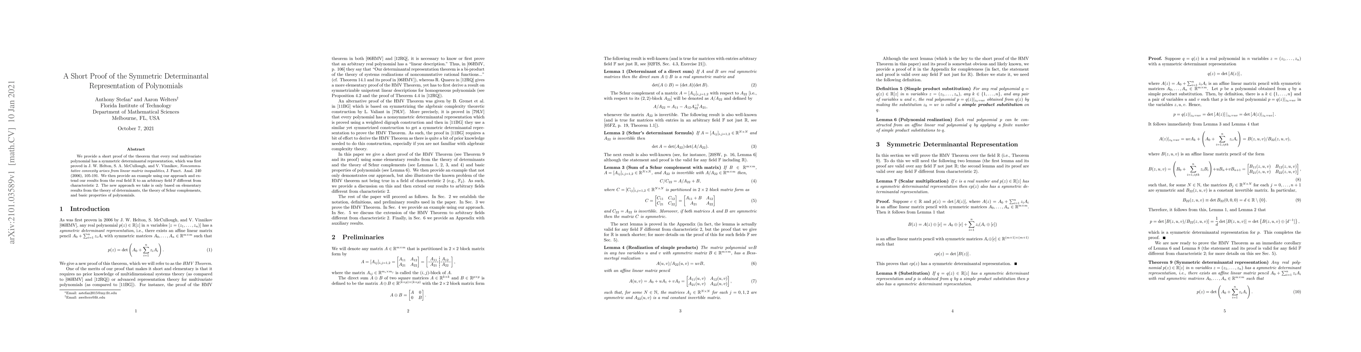 Thumbnail for A Short Proof of the Symmetric Determinantal Representation of
  Polynomials