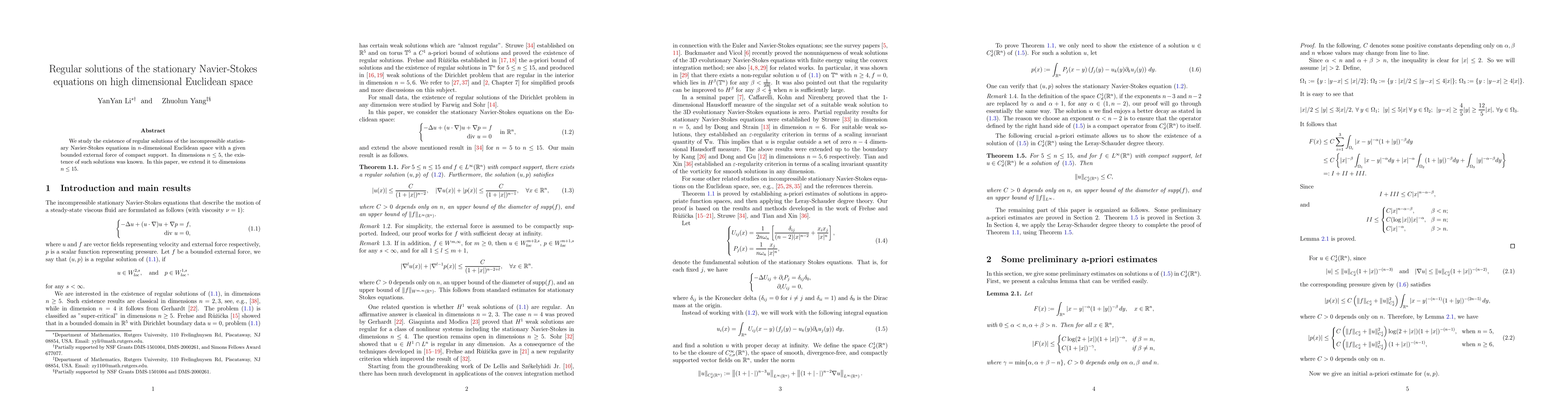 Thumbnail for Regular solutions of the stationary Navier-Stokes equations on high
  dimensional Euclidean space
