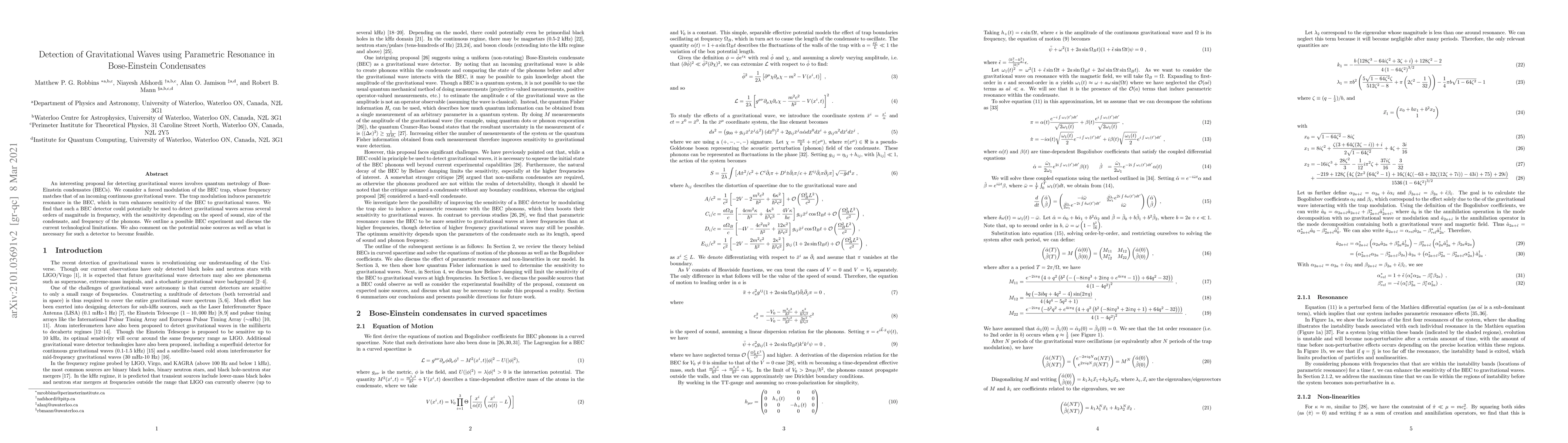 Thumbnail for Detection of Gravitational Waves using Parametric Resonance in
  Bose-Einstein Condensates