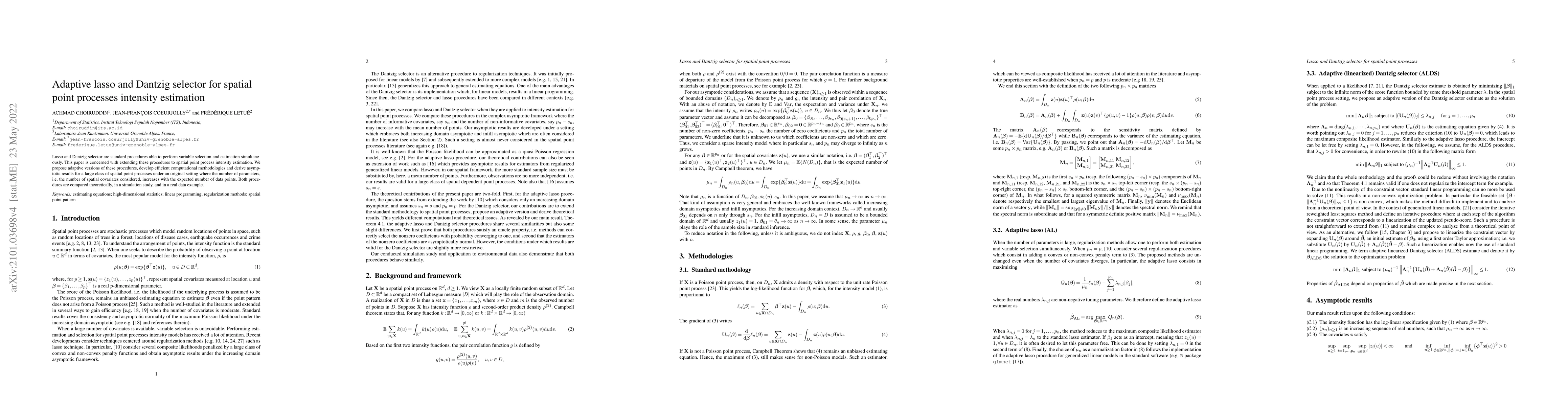 Thumbnail for Adaptive lasso and Dantzig selector for spatial point processes
  intensity estimation