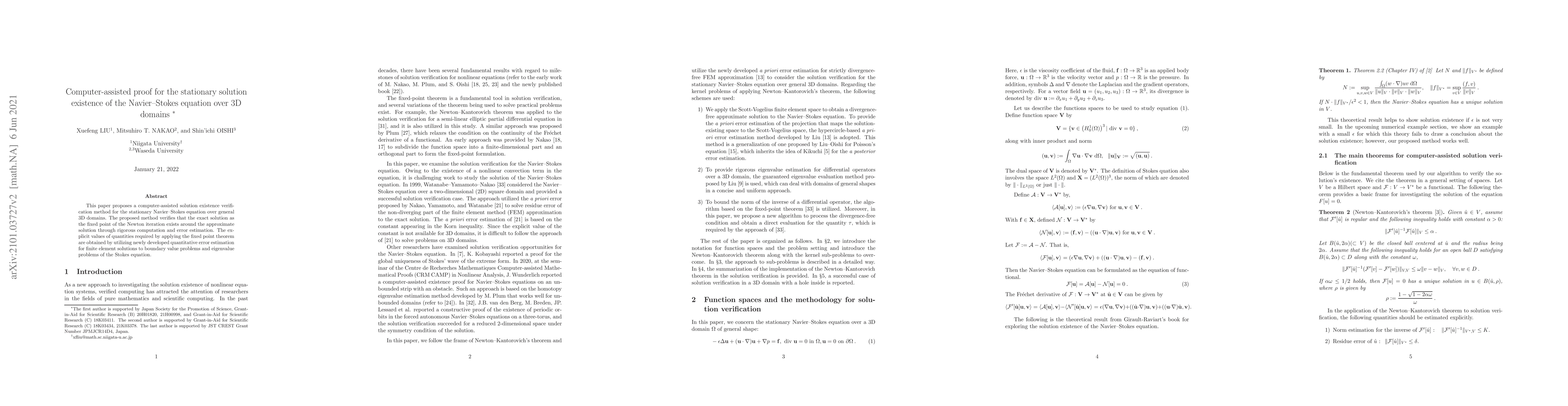 Thumbnail for Computer-assisted proof for the stationary solution existence of the
  Navier-Stokes equation over 3D domains