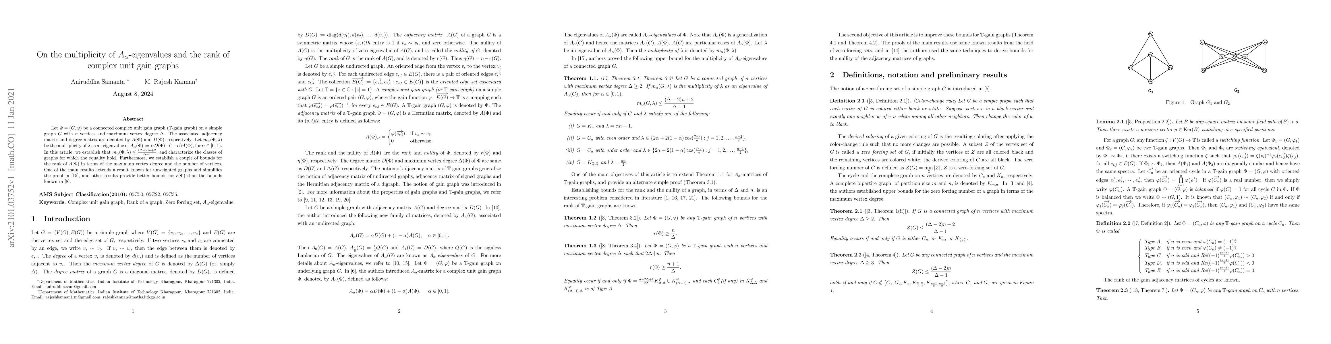 Thumbnail for On the multiplicity of $A{\alpha}$-eigenvalues and the rank of complex
  unit gain graphs
