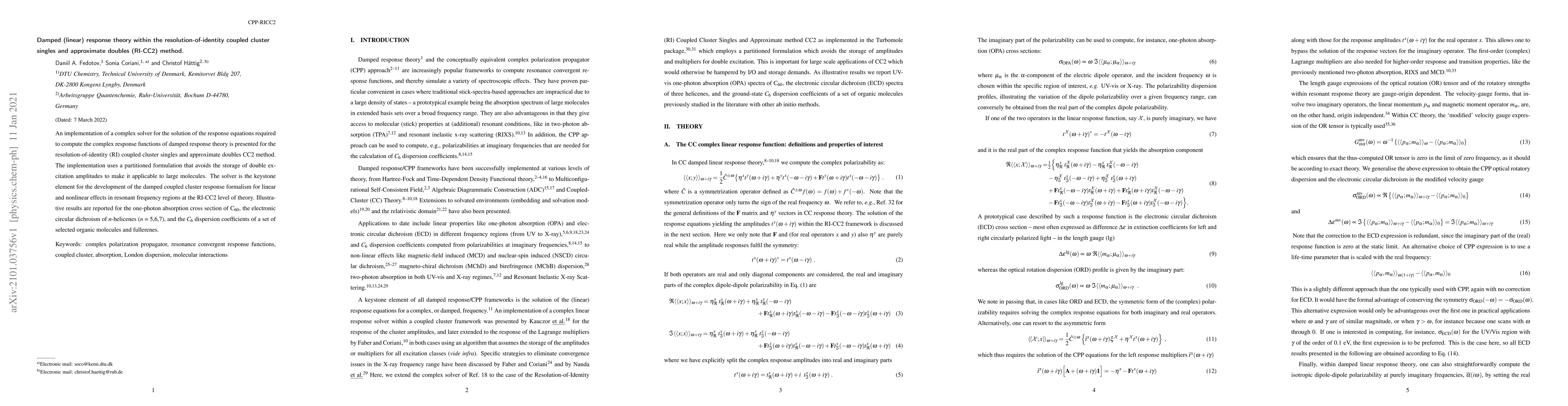Thumbnail for Damped (linear) response theory within the resolution-of-identity
  coupled cluster singles and approximate doubles (RI-CC2) method