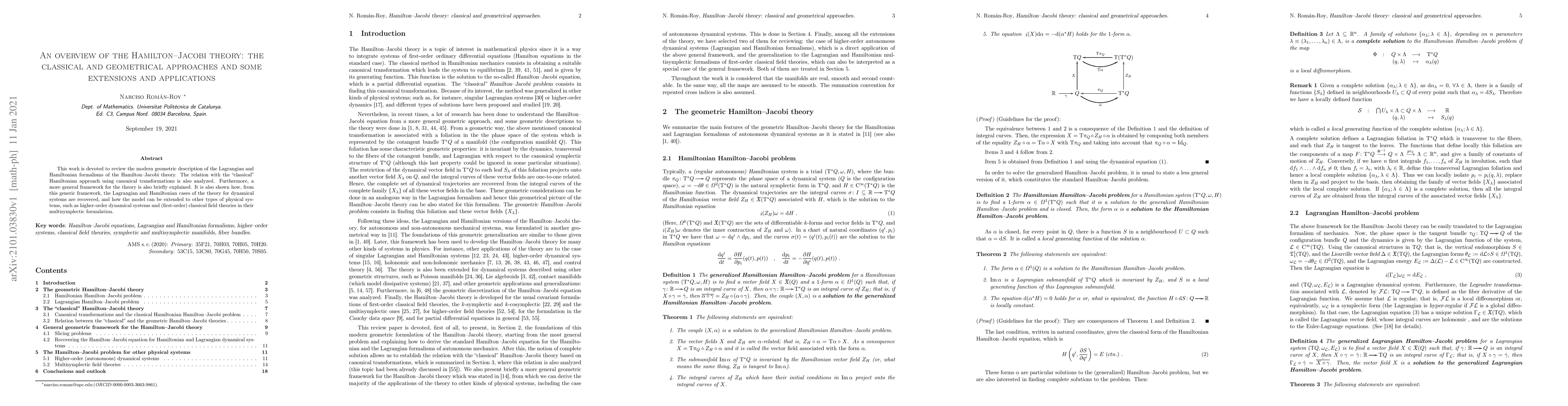 Thumbnail for An overview of the Hamilton--Jacobi theory: the classical and
  geometrical approaches and some extensions and applications