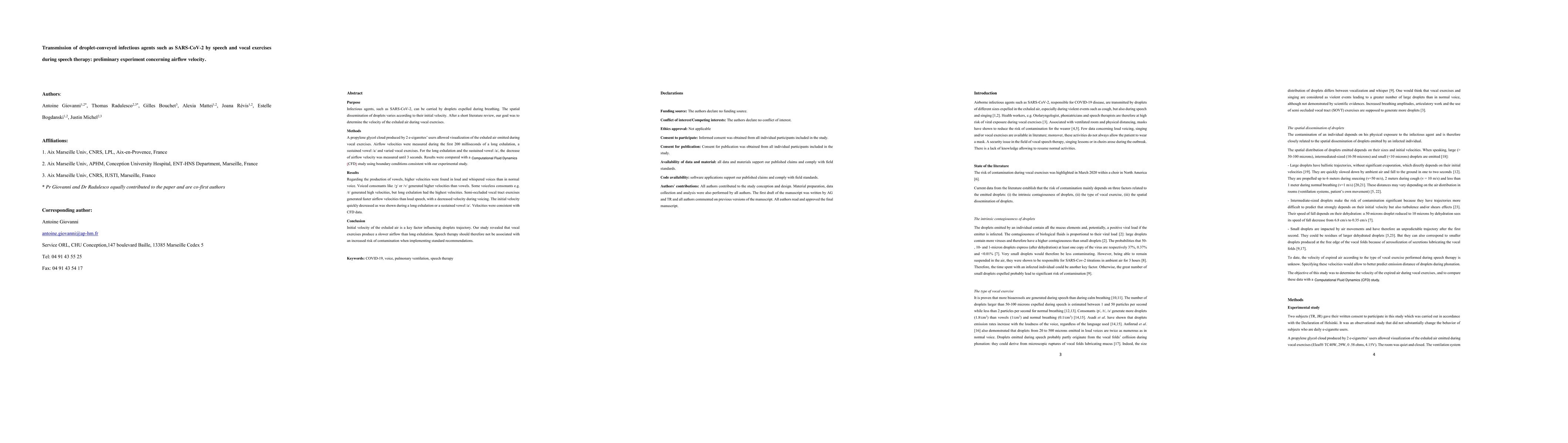Thumbnail for Transmission of droplet-conveyed infectious agents such as SARS-CoV-2 by
  speech and vocal exercises during speech therapy: preliminary experiment
  concerning airflow velocity