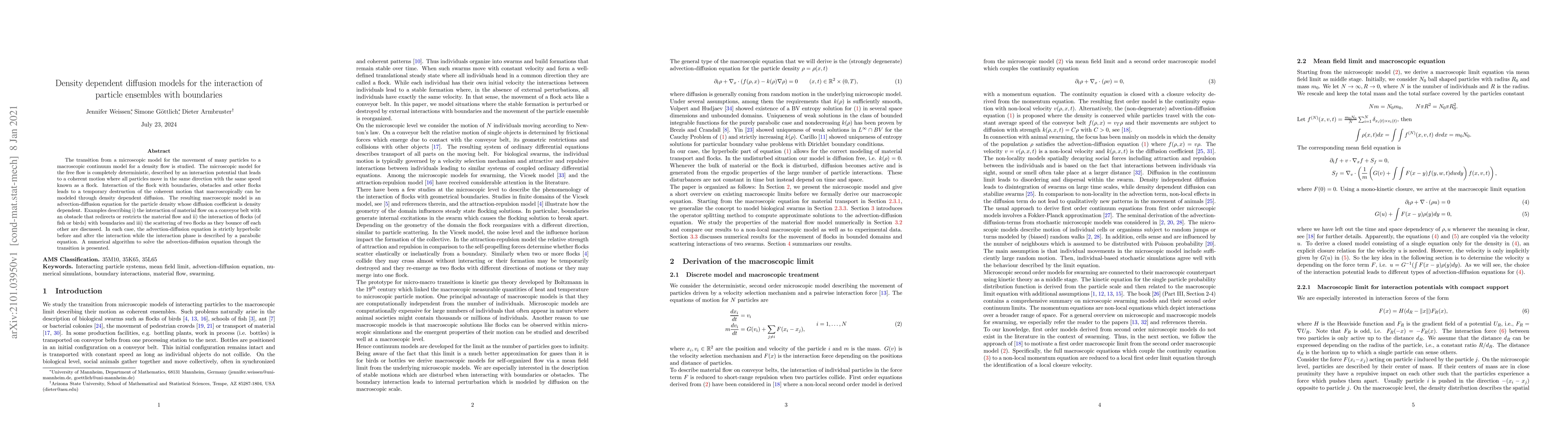Thumbnail for Density dependent diffusion models for the interaction of particle
  ensembles with boundaries