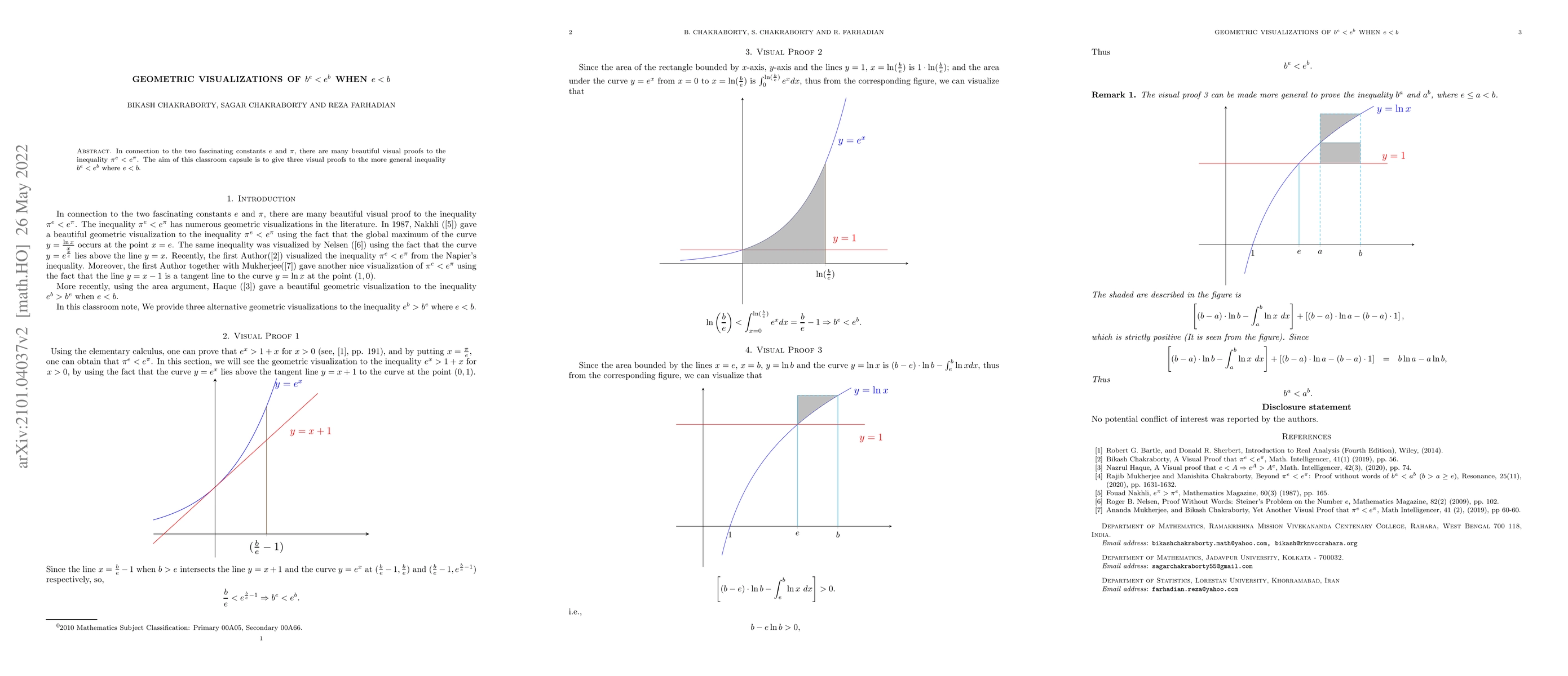 Thumbnail for Geometric visualizations of $b^{e}<e^{b}$ when $e<b$