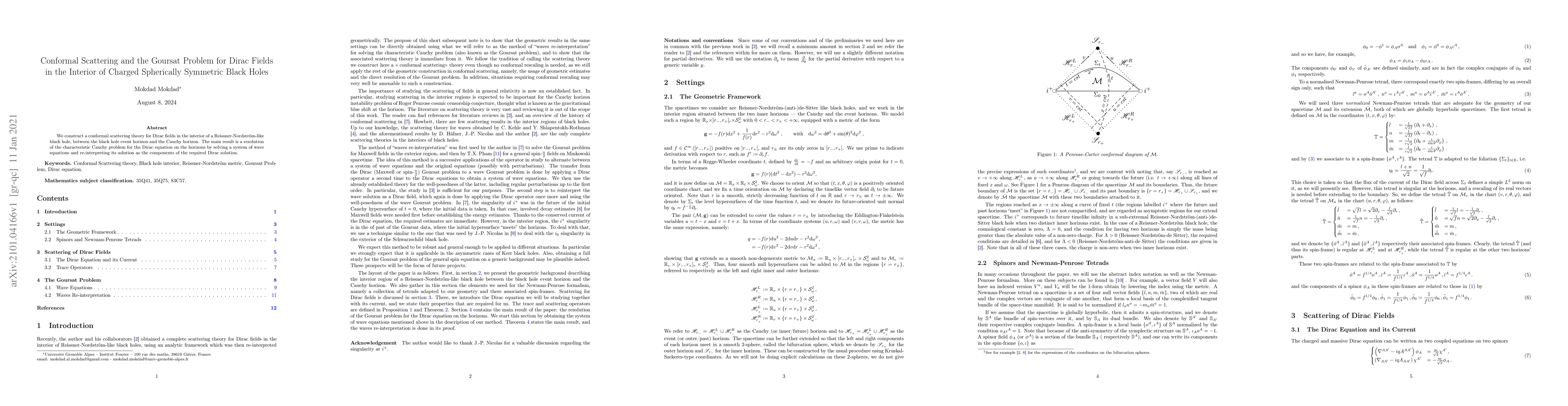 Thumbnail for Conformal Scattering and the Goursat Problem for Dirac Fields in the
  Interior of Charged Spherically Symmetric Black Holes