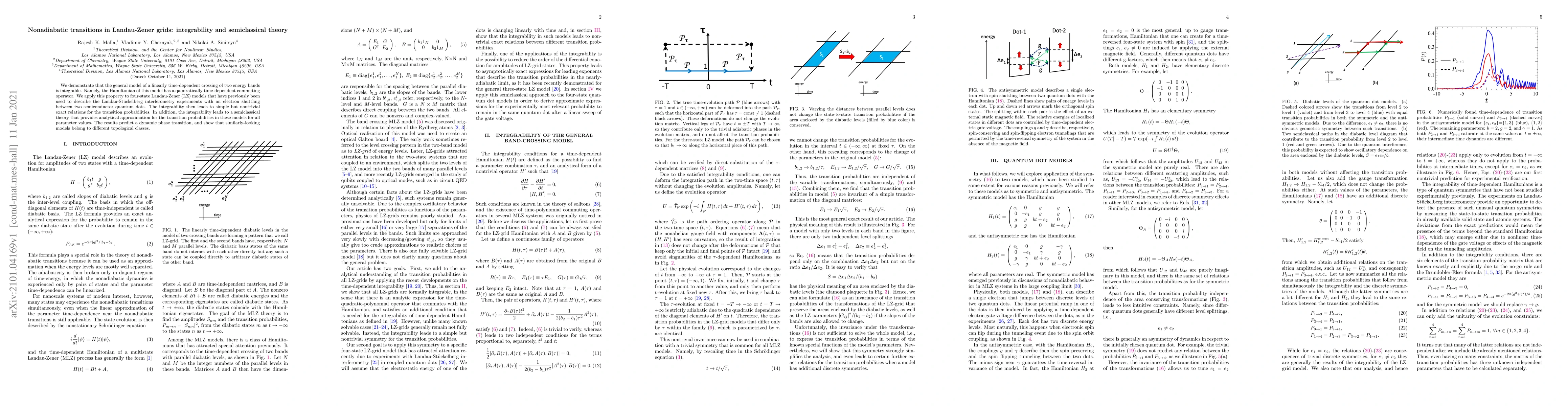 Thumbnail for Nonadiabatic transitions in Landau-Zener grids: integrability and
  semiclassical theory