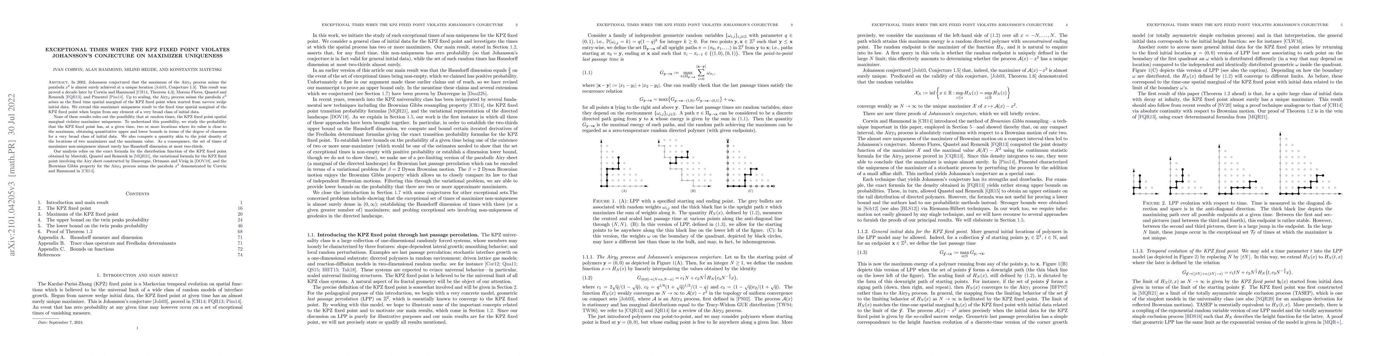 Thumbnail for Exceptional times when the KPZ fixed point violates Johansson's
  conjecture on maximizer uniqueness