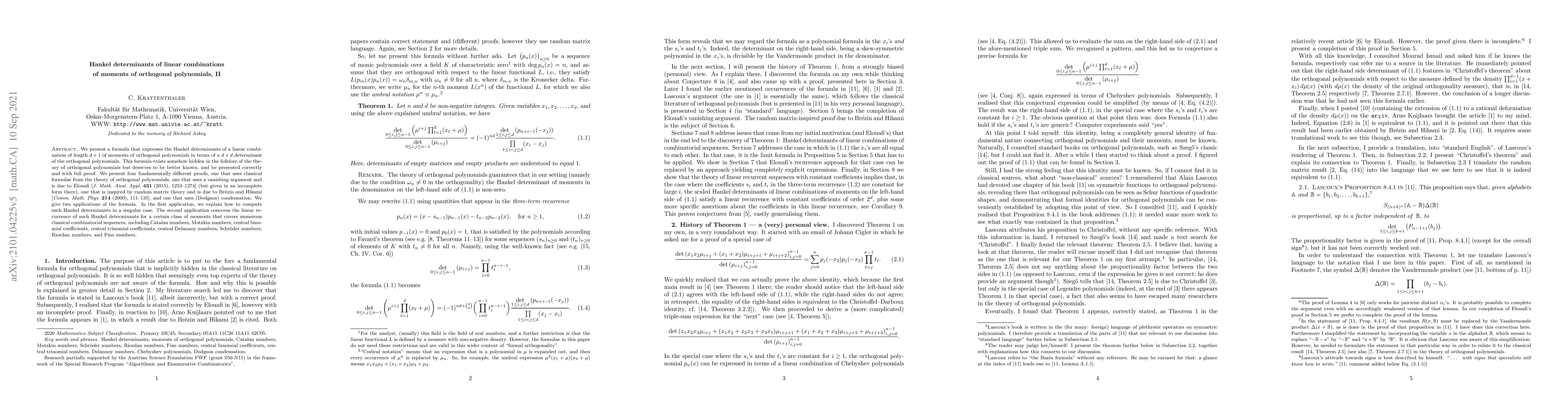 Thumbnail for Hankel determinants of linear combinations of moments of orthogonal
  polynomials, II