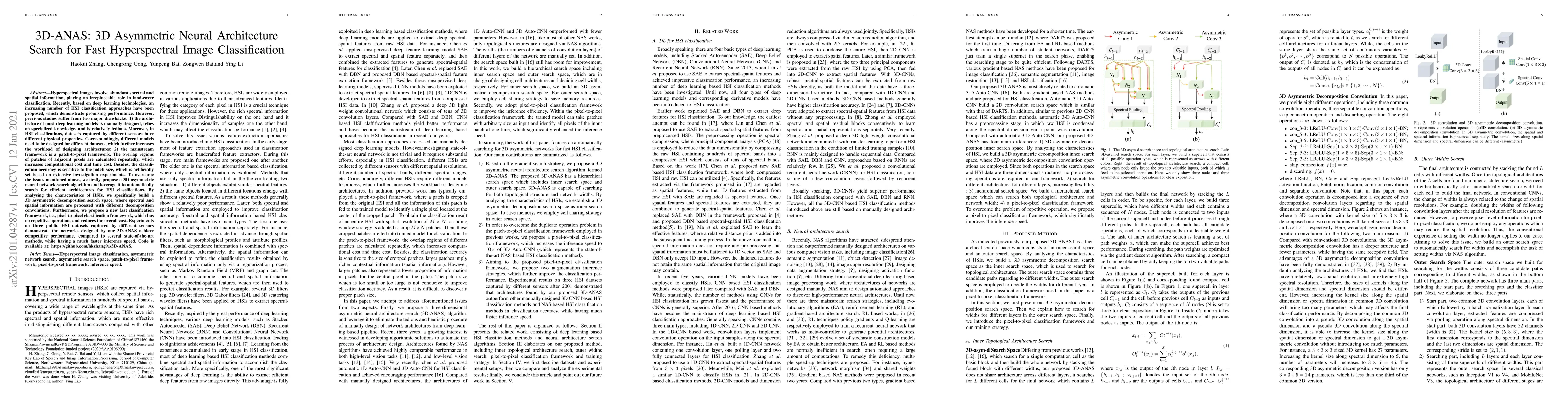 Thumbnail for 3D-ANAS: 3D Asymmetric Neural Architecture Search for Fast Hyperspectral
  Image Classification