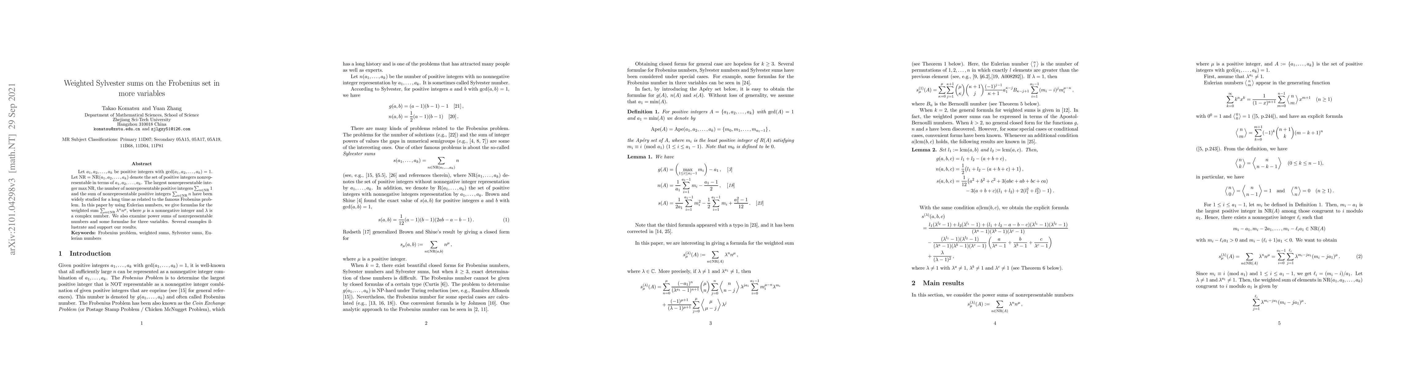 Thumbnail for Weighted Sylvester sums on the Frobenius set in more variables