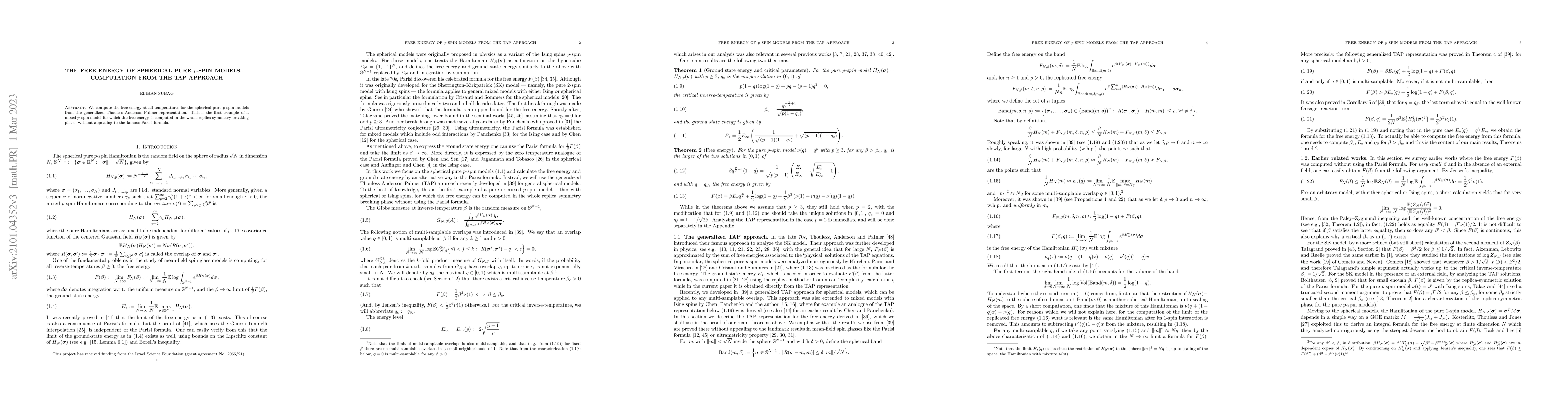 Thumbnail for The free energy of spherical pure $p$-spin models -- computation from
  the TAP approach
