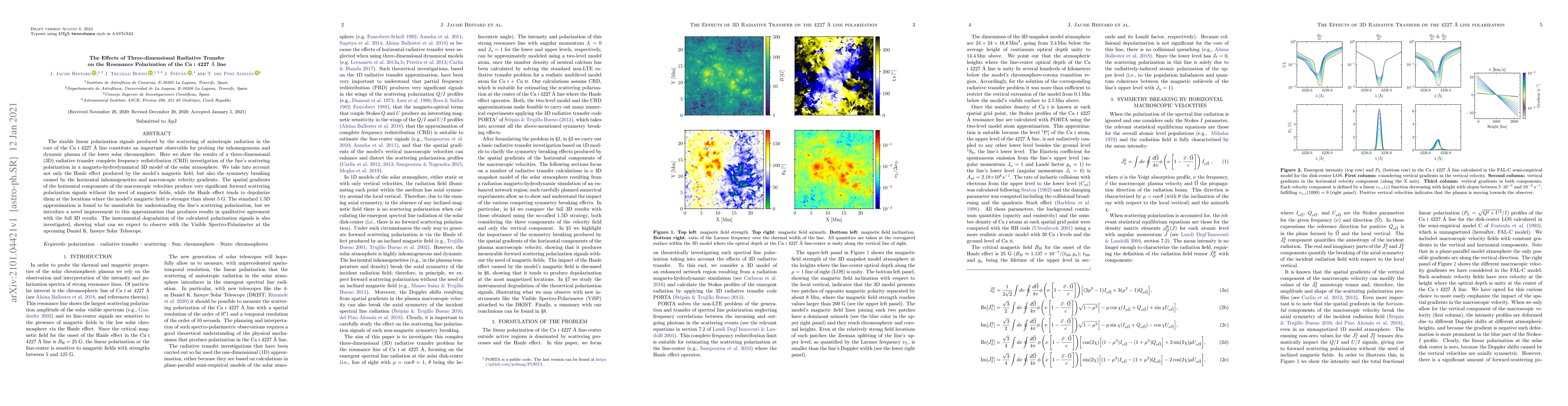 Thumbnail for The effects of three-dimensional radiative transfer on the resonance
  polarization of the Ca I 4227 $\mathrm{\r{A}}$ line