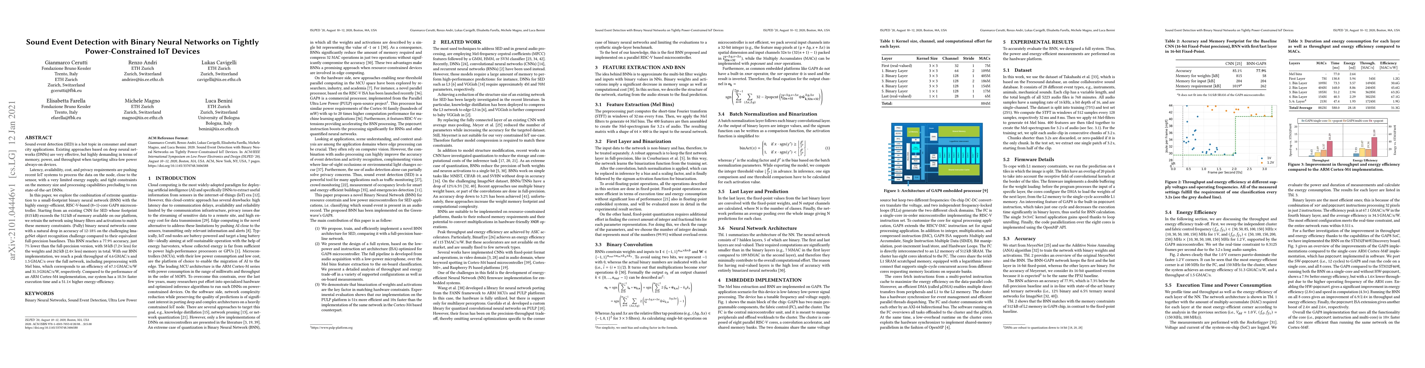 Thumbnail for Sound Event Detection with Binary Neural Networks on Tightly
  Power-Constrained IoT Devices