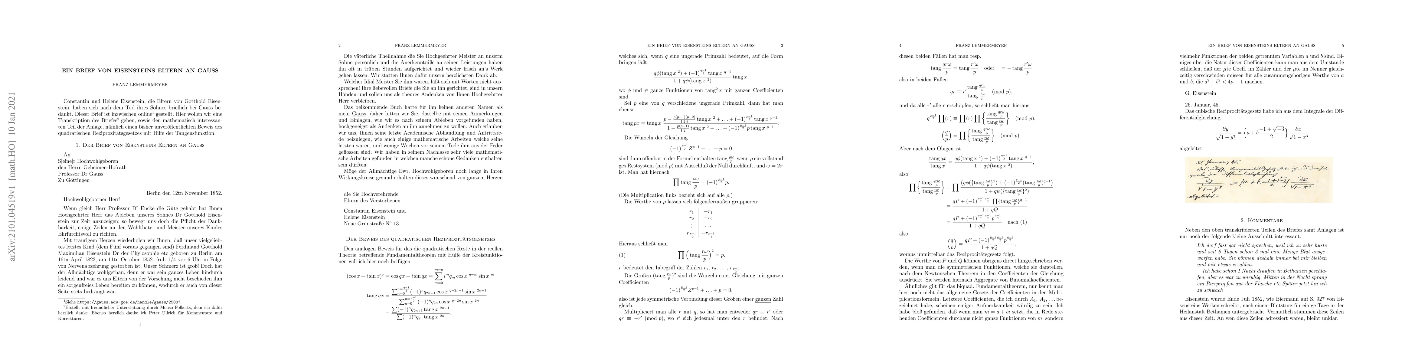 Thumbnail for Ein Brief von Eisensteins Eltern an Gauss
