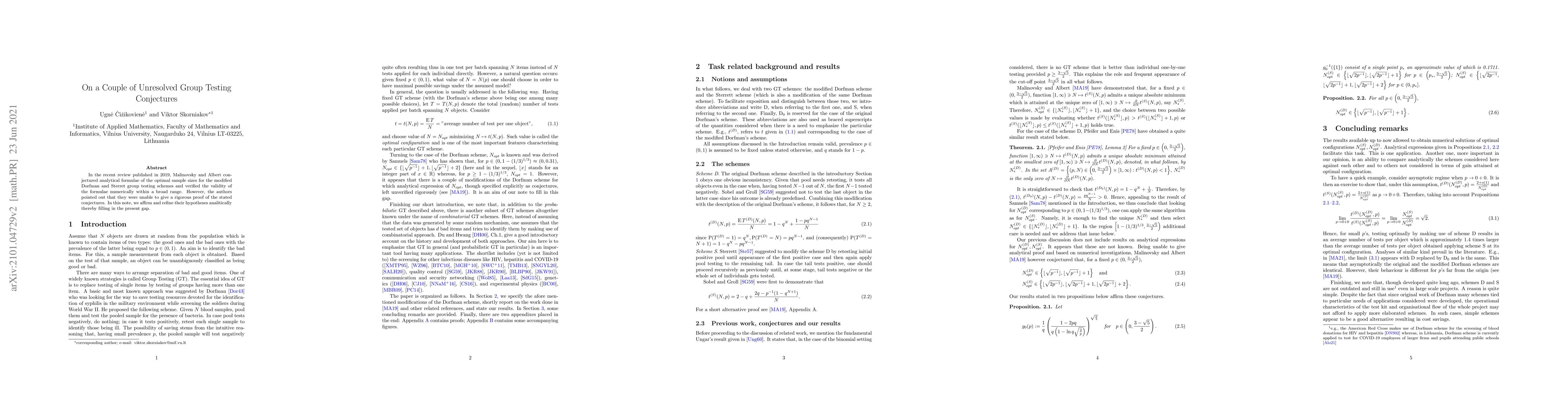 Thumbnail for On a Couple of Unresolved Group Testing Conjectures
