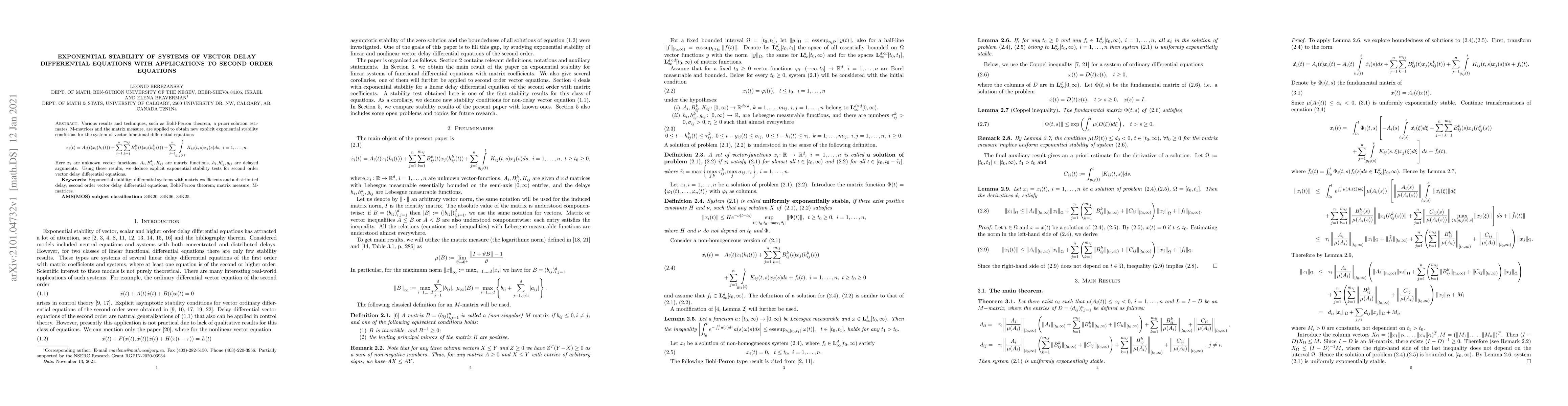 Thumbnail for Exponential stability of systems of vector delay differential equations
  with applications to second order equations
