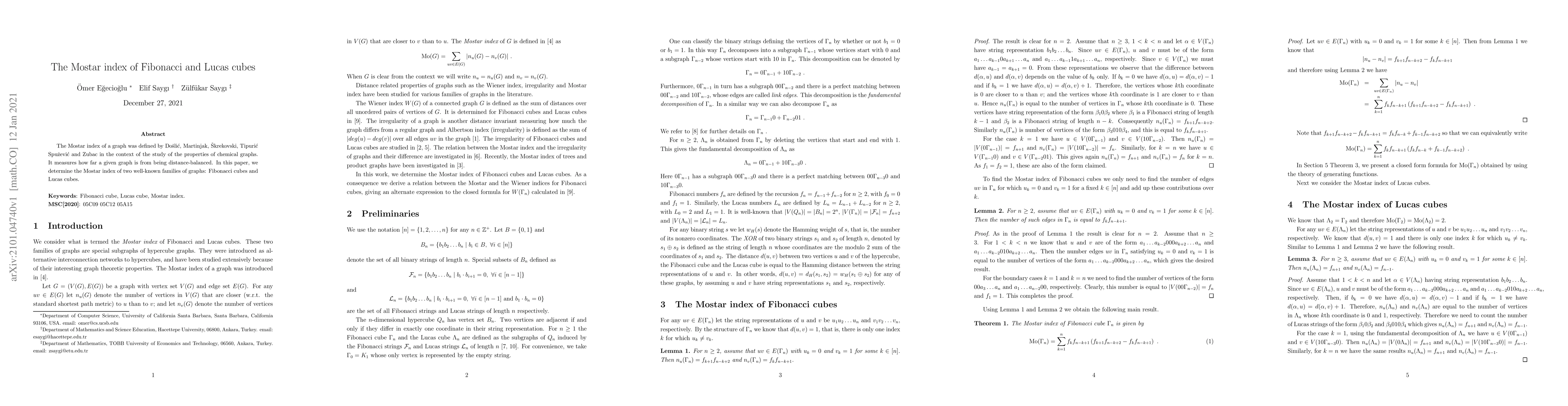 Thumbnail for The Mostar index of Fibonacci and Lucas cubes