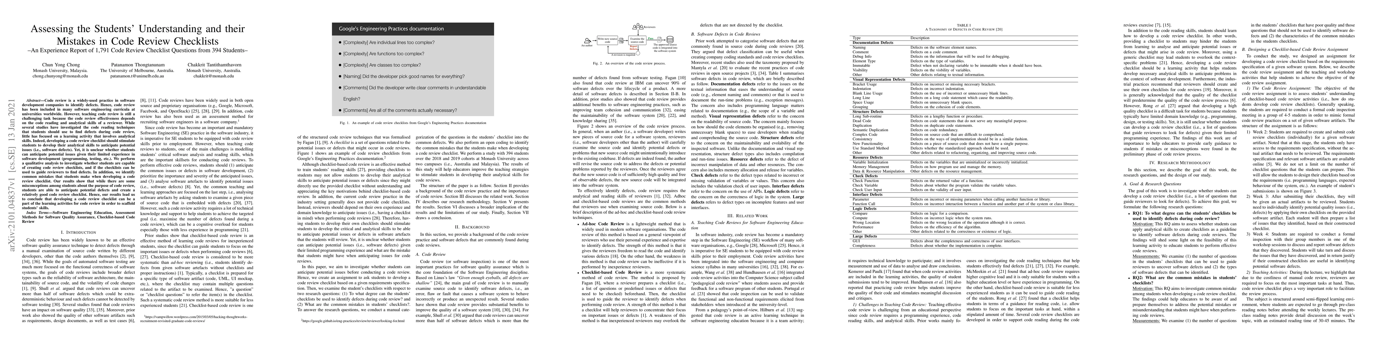 Thumbnail for Assessing the Students' Understanding and their Mistakes in Code Review
  Checklists -- An Experience Report of 1,791 Code Review Checklist Questions
  from 394 Students