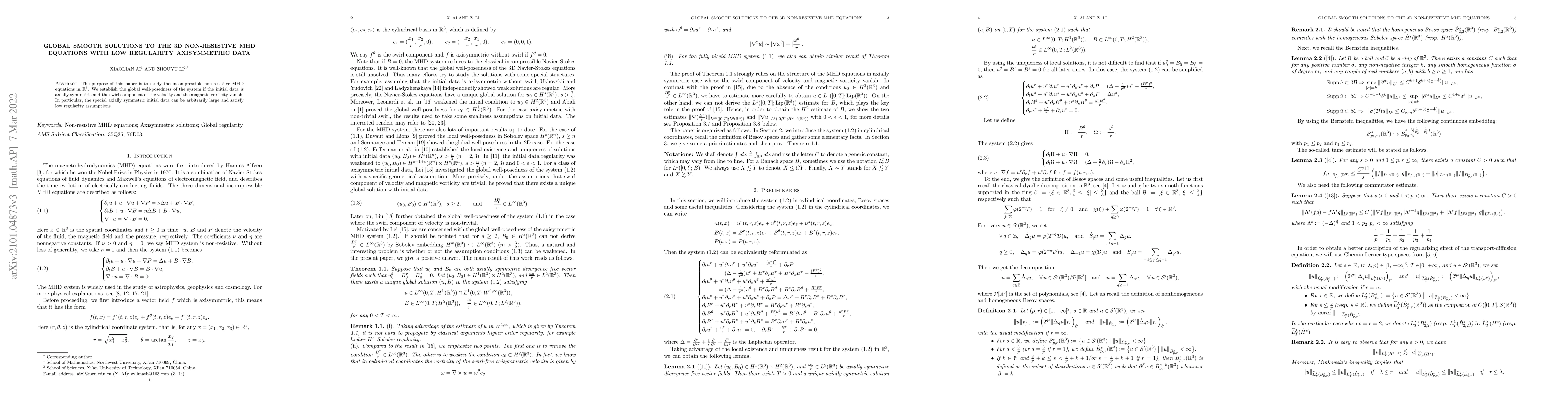Thumbnail for Global smooth solutions to the 3D non-resistive MHD equations with low
  regularity axisymmetric data