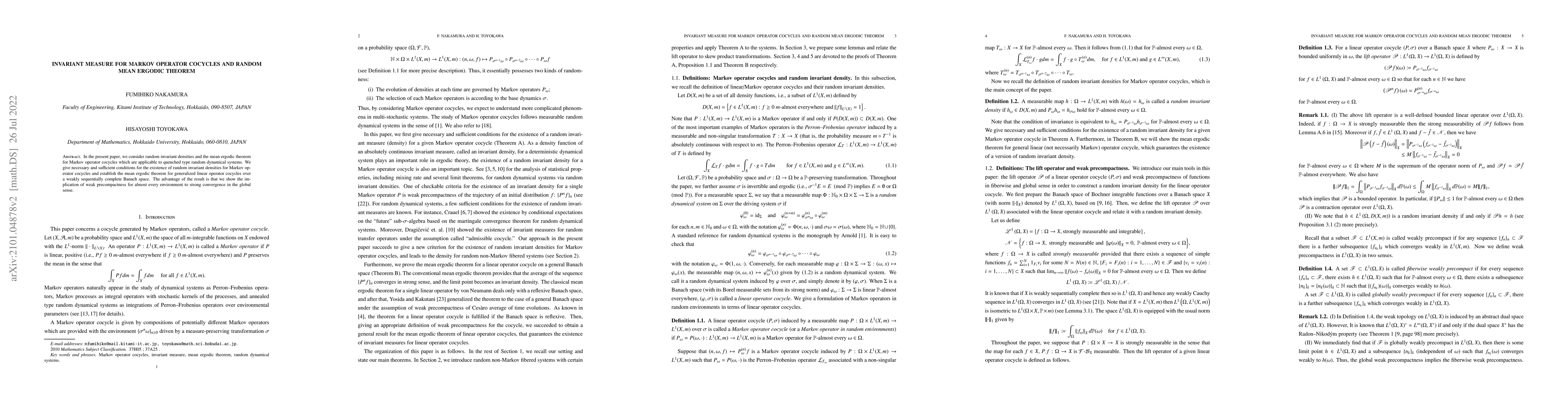 Thumbnail for Random invariant densities for Markov operator cocycles and random mean
  ergodic theorem