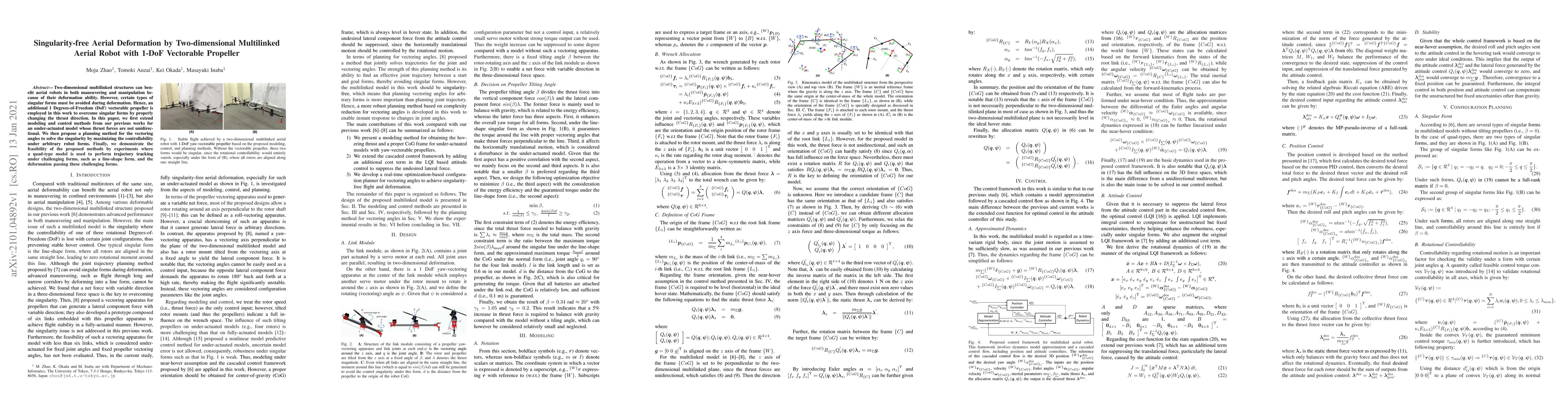 Thumbnail for Singularity-free Aerial Deformation by Two-dimensional Multilinked
  Aerial Robot with 1-DoF Vectorable Propeller