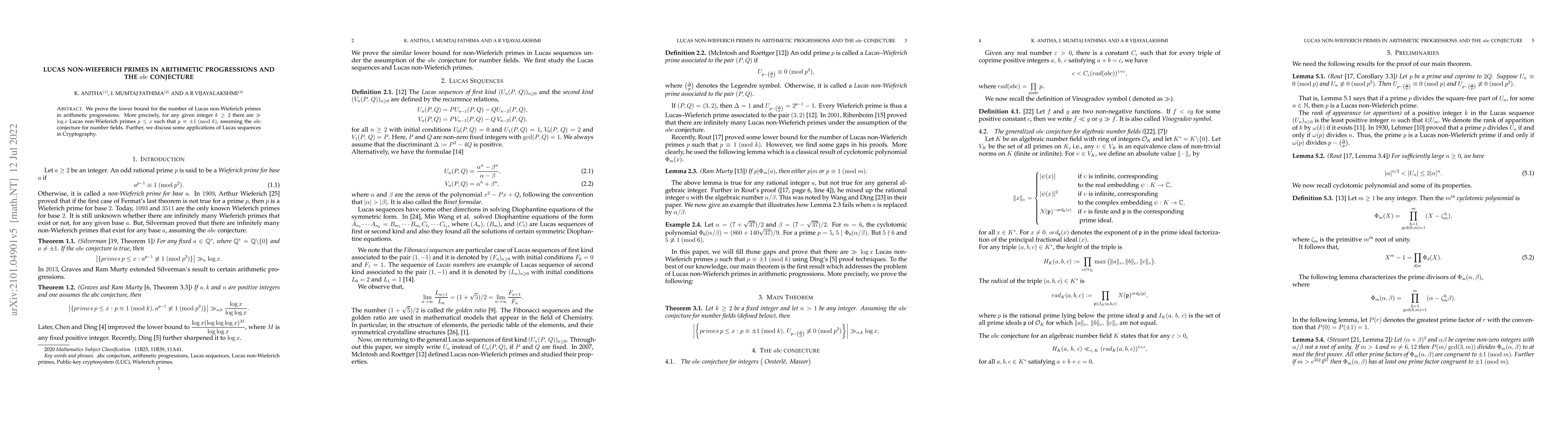Thumbnail for Lucas non-Wieferich primes in arithmetic progressions and the $abc$
  conjecture