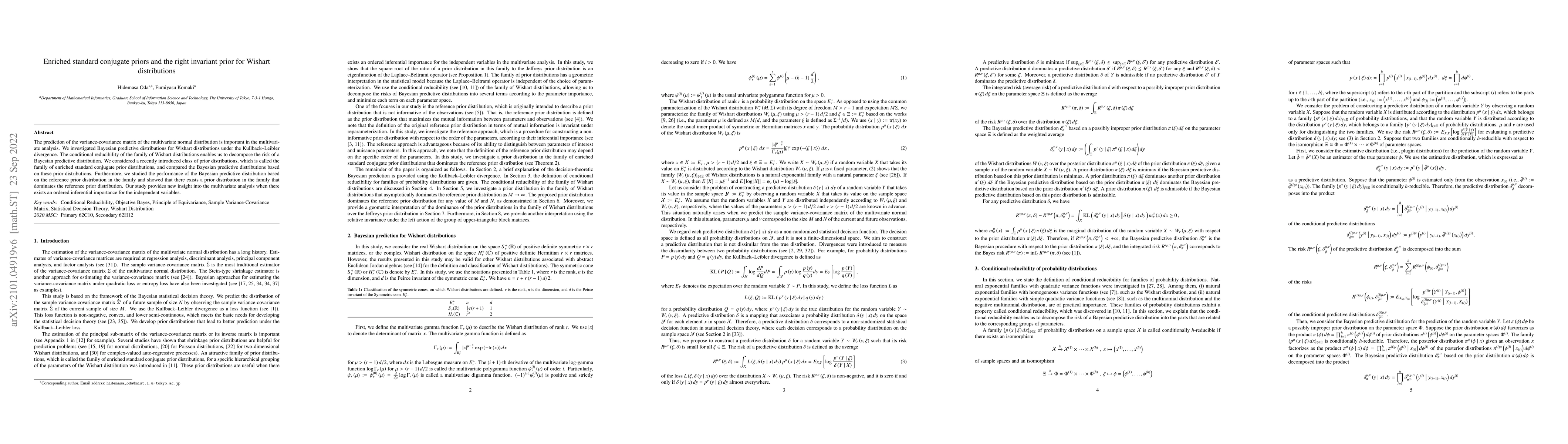 Thumbnail for Enriched standard conjugate priors and the right invariant prior for
  Wishart distributions