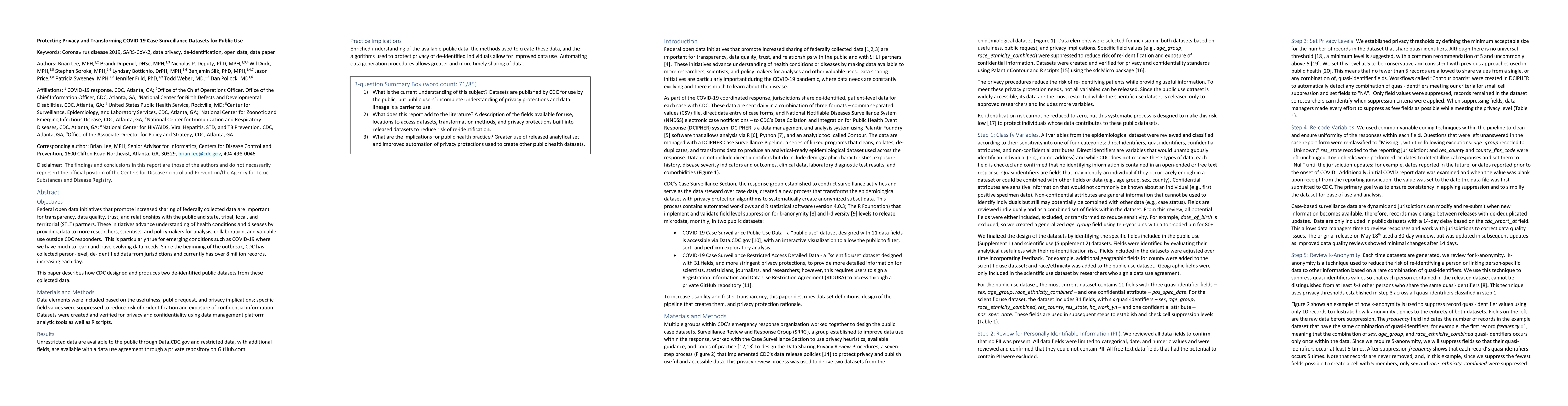 Thumbnail for Protecting Privacy and Transforming COVID-19 Case Surveillance Datasets
  for Public Use