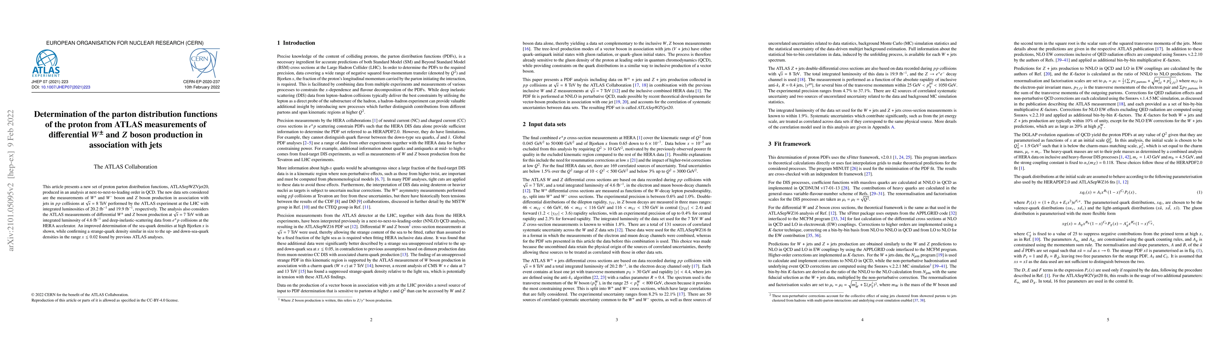 Thumbnail for Determination of the parton distribution functions of the proton from
  ATLAS measurements of differential $W^\pm$ and $Z$ boson production in
  association with jets