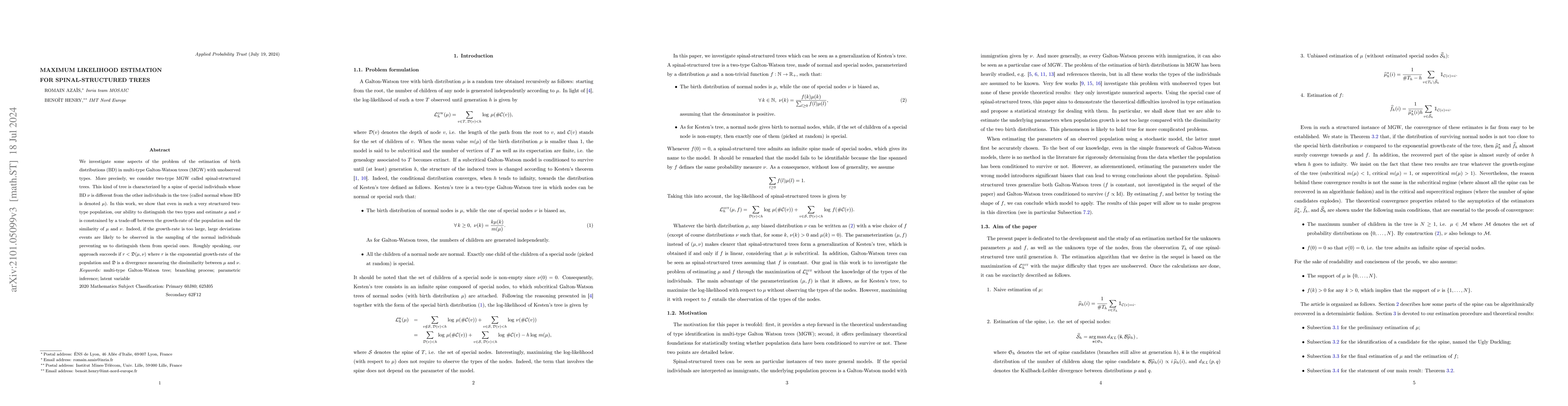 Thumbnail for Maximum likelihood estimation for spinal-structured trees