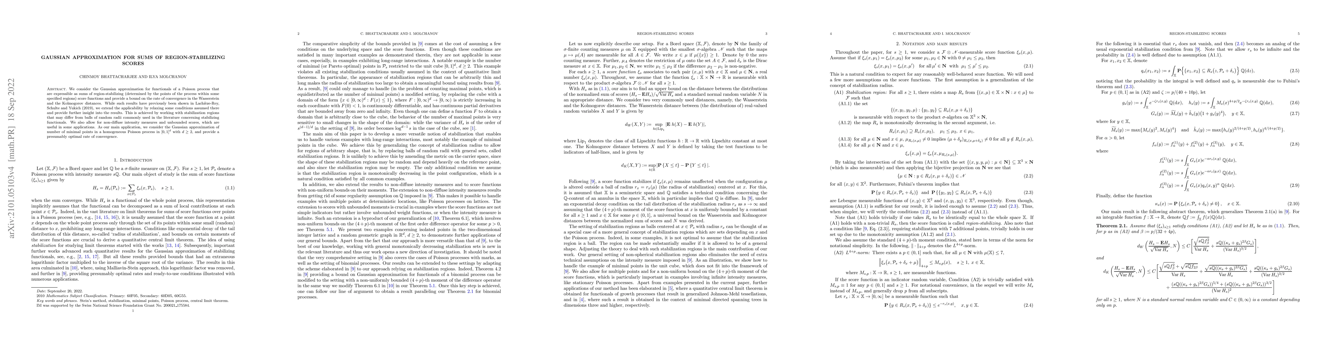 Thumbnail for Gaussian approximation for sums of region-stabilizing scores