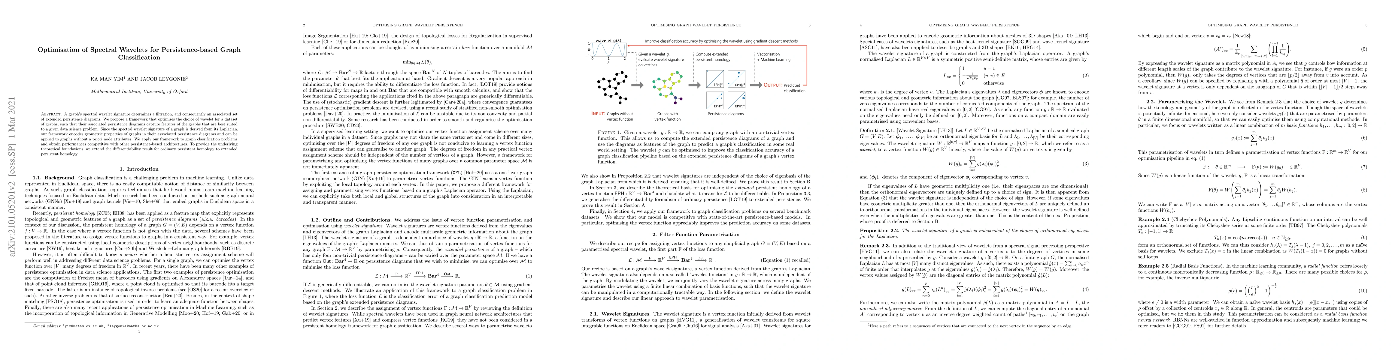 Thumbnail for Optimisation of Spectral Wavelets for Persistence-based Graph
  Classification