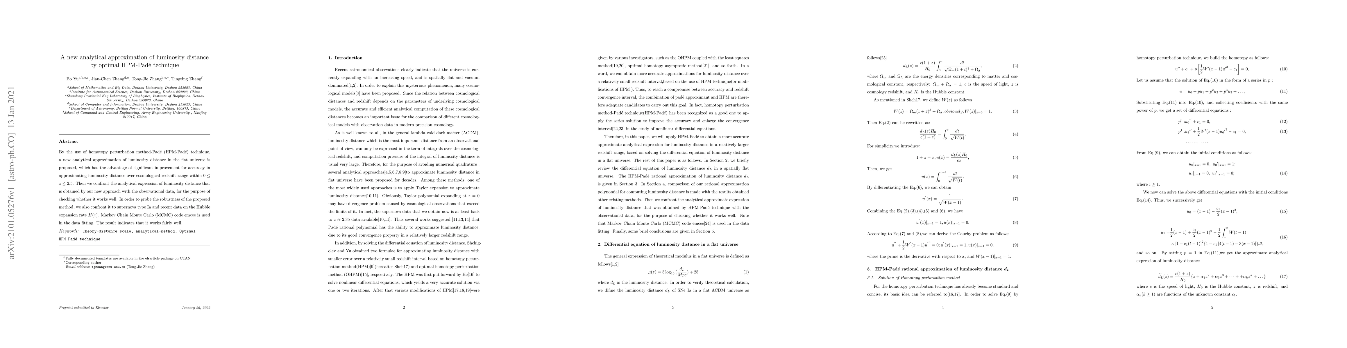 Thumbnail for A new analytical approximation of luminosity distance by optimal
  HPM-Pad\'e technique