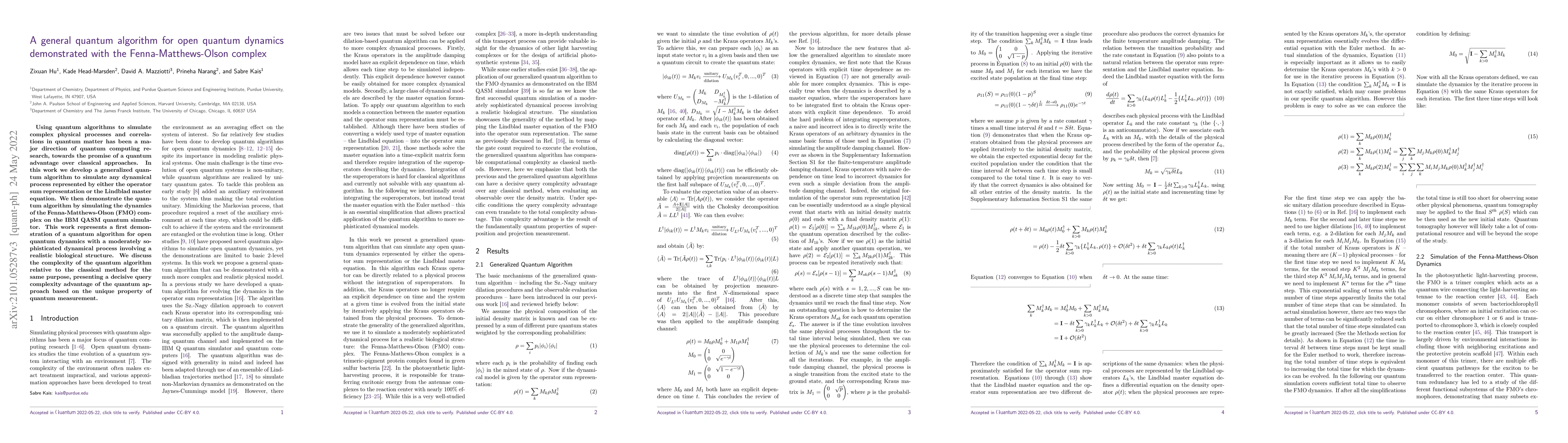 Thumbnail for A general quantum algorithm for open quantum dynamics demonstrated with
  the Fenna-Matthews-Olson complex