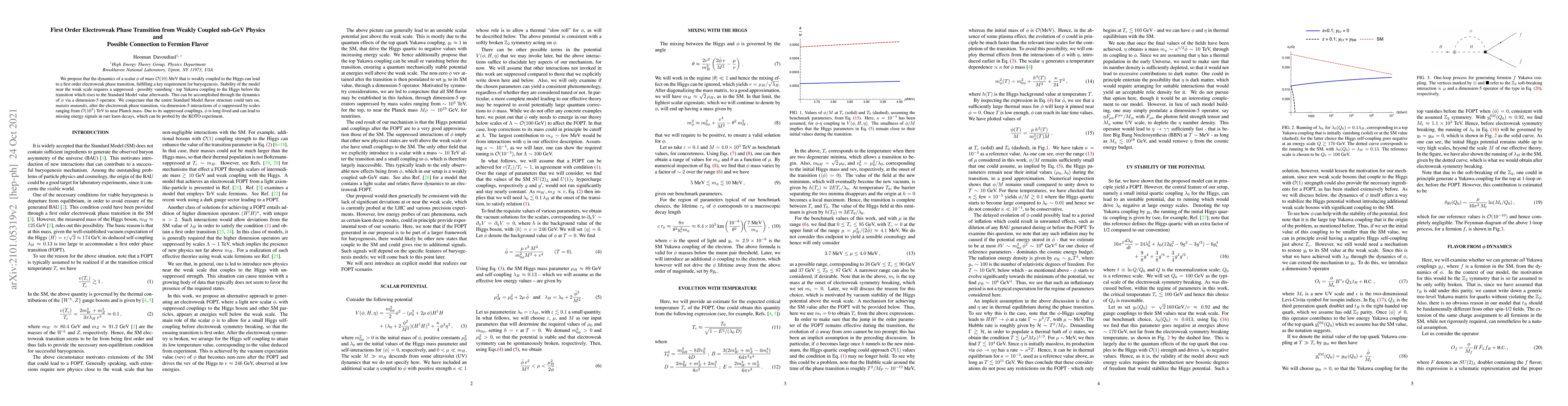 Thumbnail for First Order Electroweak Phase Transition from Weakly Coupled sub-GeV
  Physics and Possible Connection to Fermion Flavor