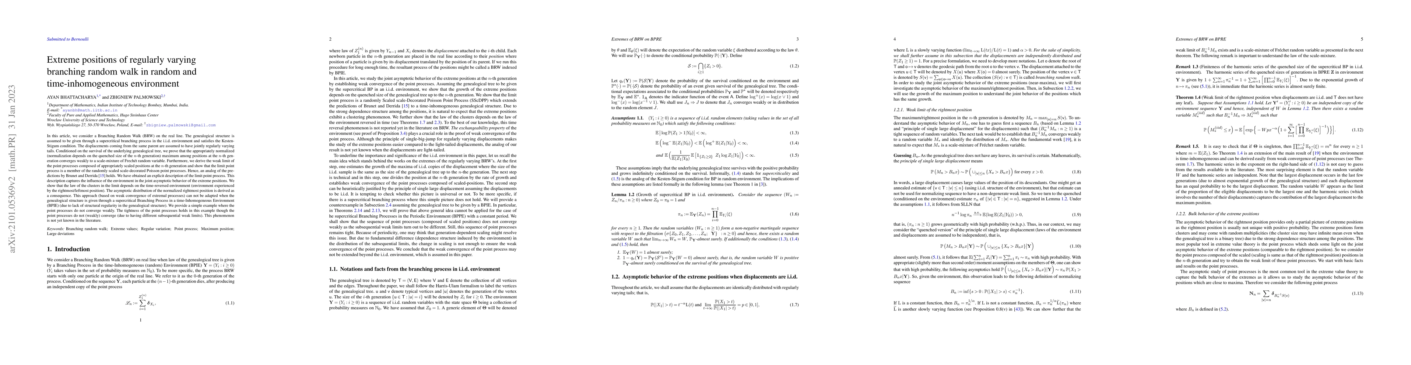 Thumbnail for Extreme positions of regularly varying branching random walk in random
  and time-inhomogeneous environment