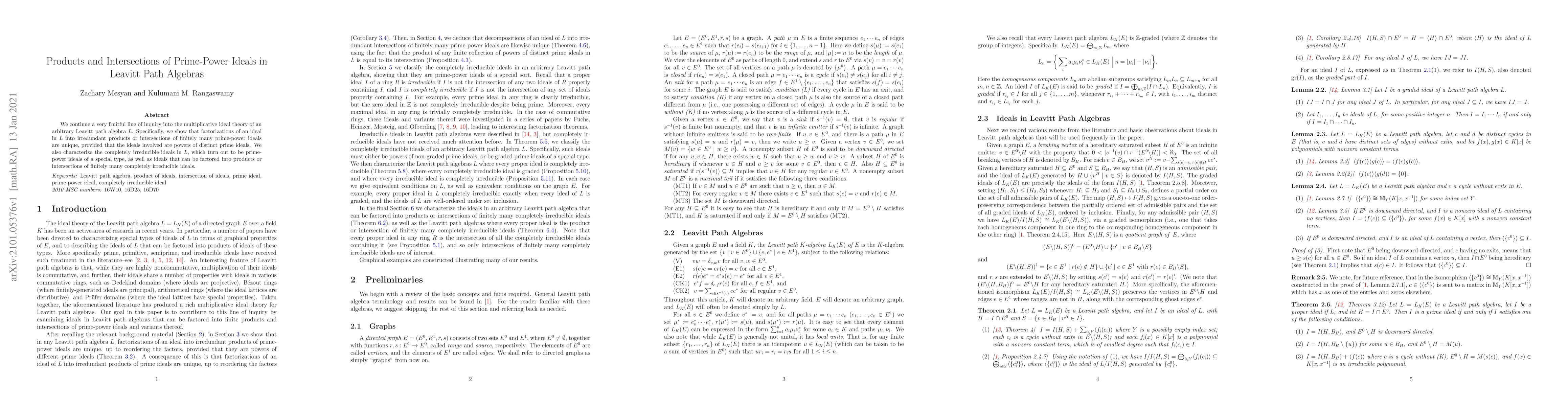Thumbnail for Products and Intersections of Prime-Power Ideals in Leavitt Path
  Algebras