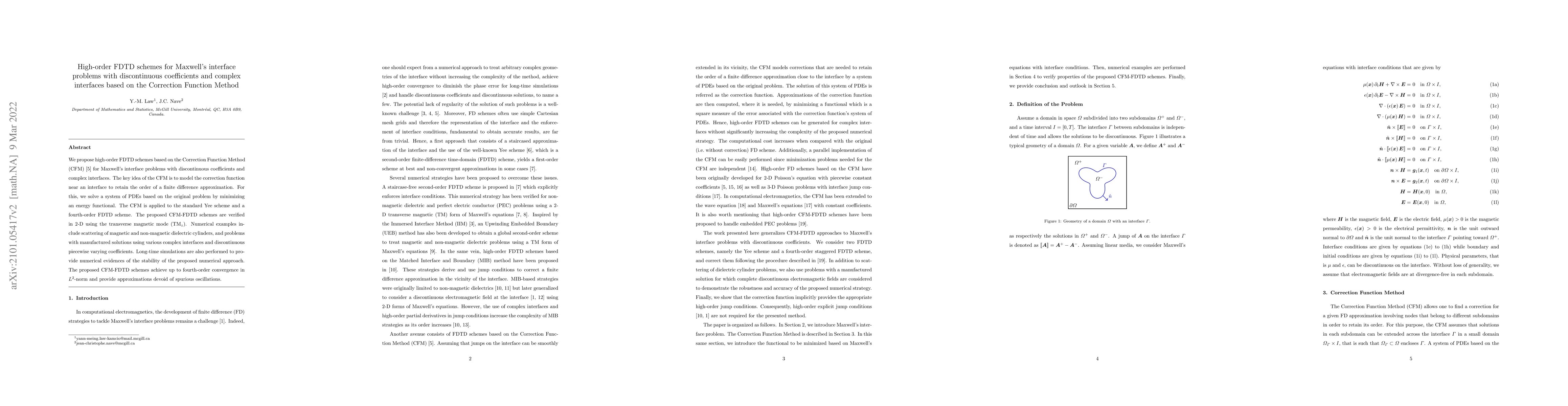 Thumbnail for High-order FDTD schemes for Maxwell's interface problems with
  discontinuous coefficients and complex interfaces based on the Correction
  Function Method