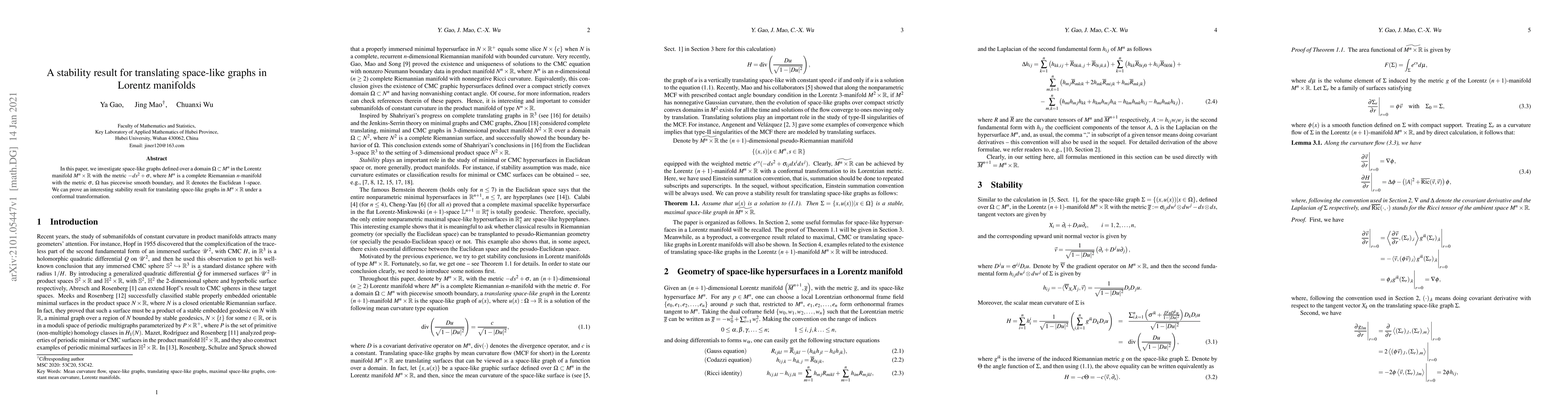 Thumbnail for A stability result for translating space-like graphs in Lorentz
  manifolds