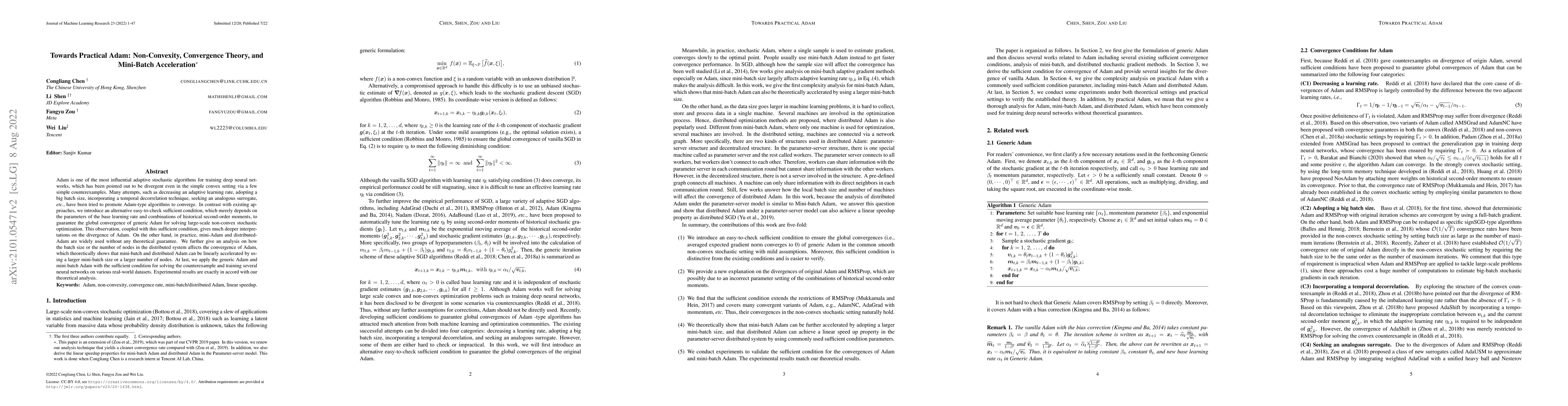 Thumbnail for Towards Practical Adam: Non-Convexity, Convergence Theory, and
  Mini-Batch Acceleration