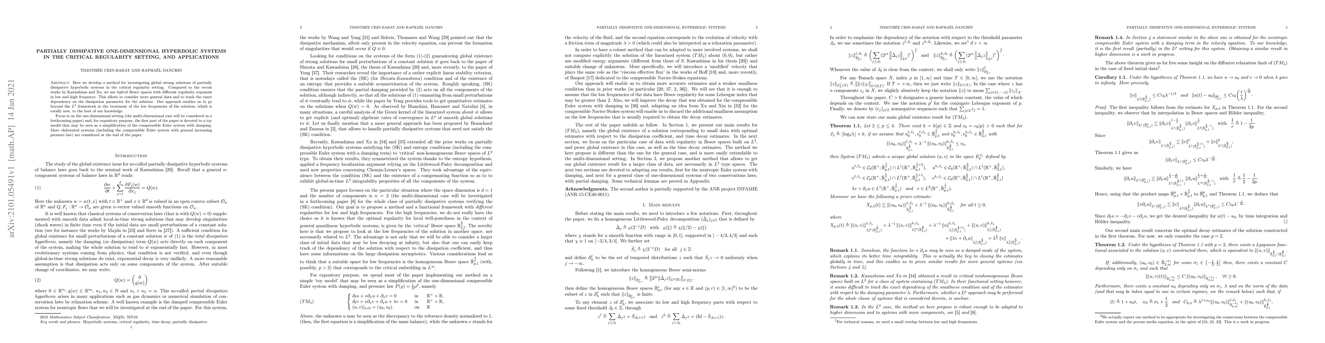 Thumbnail for Partially dissipative one-dimensional hyperbolic systems in the critical
  regularity setting, and applications